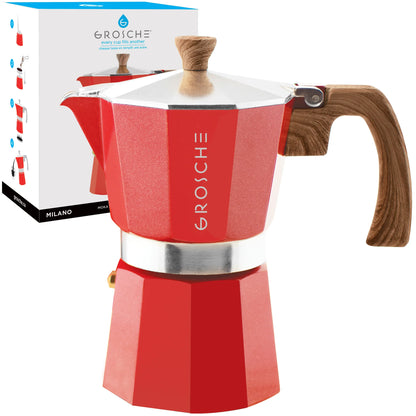 GROSCHE MILANO Stovetop Espresso Maker, Moka Pot - Red